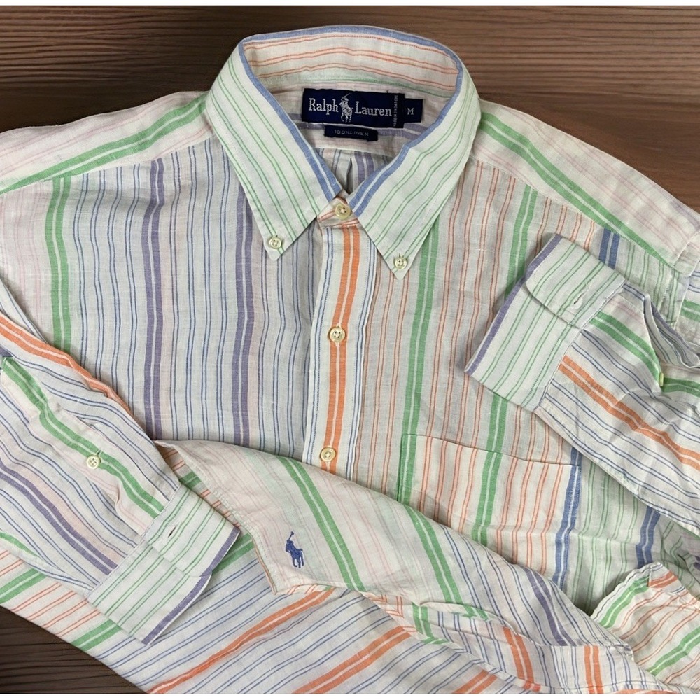 Vintage Polo Ralph Lauren 100% Linen Vertical Striped Multicolor Shirt Mens Sz M